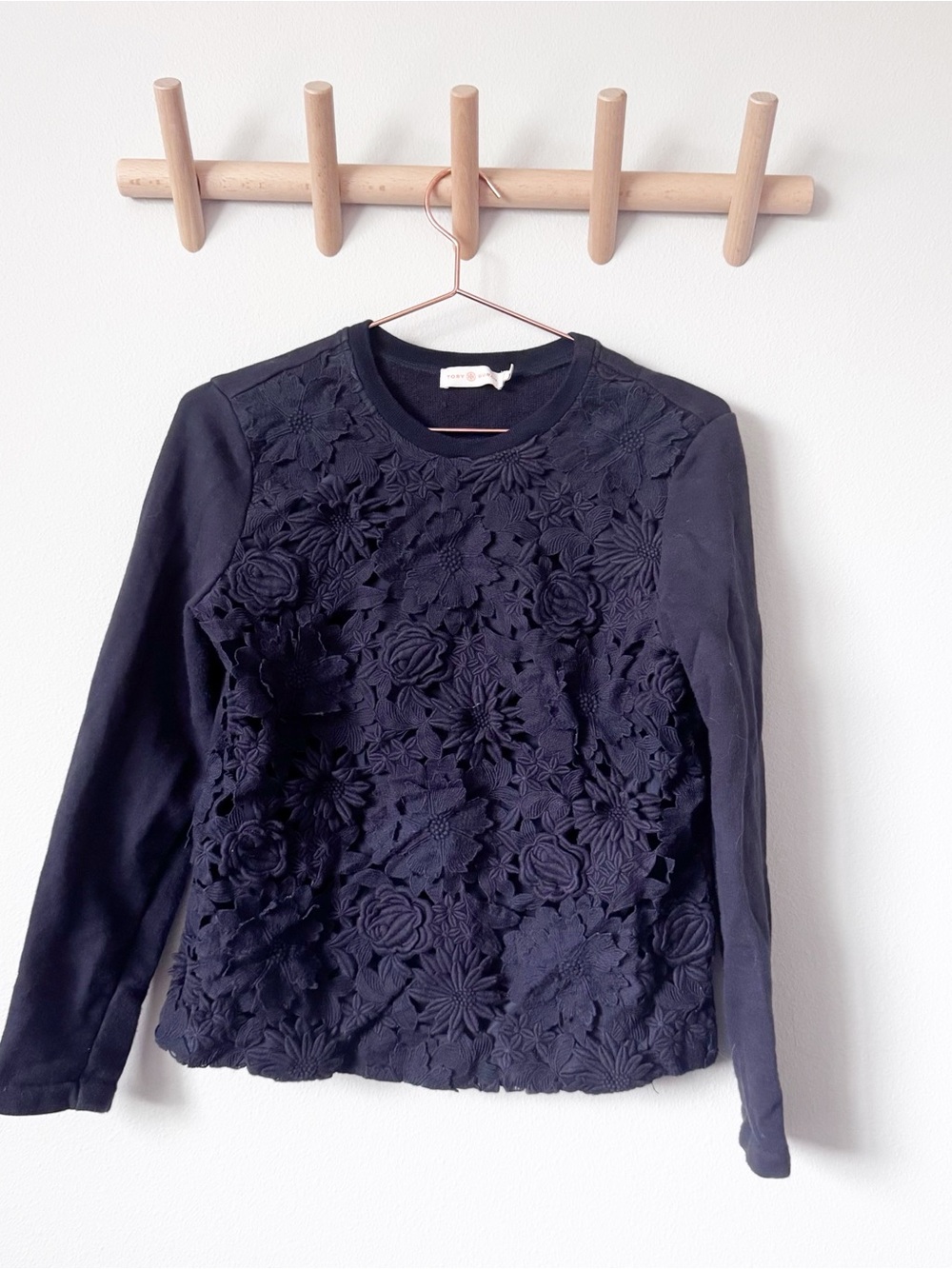Tory Burch Navy Floral Appliqué Crewneck Sweatshirt